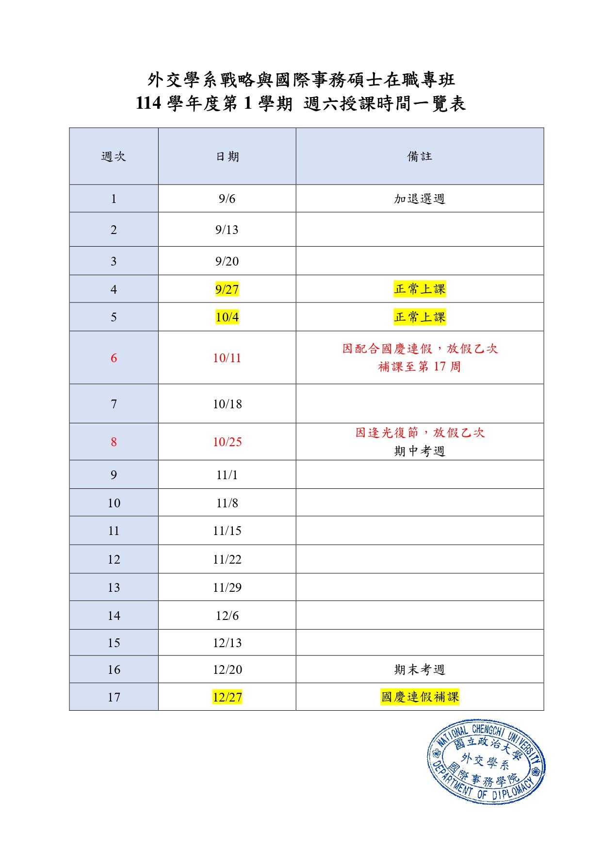114學年度第1學期外交學系戰略與國際事務碩士在職專班授課日期一覽表