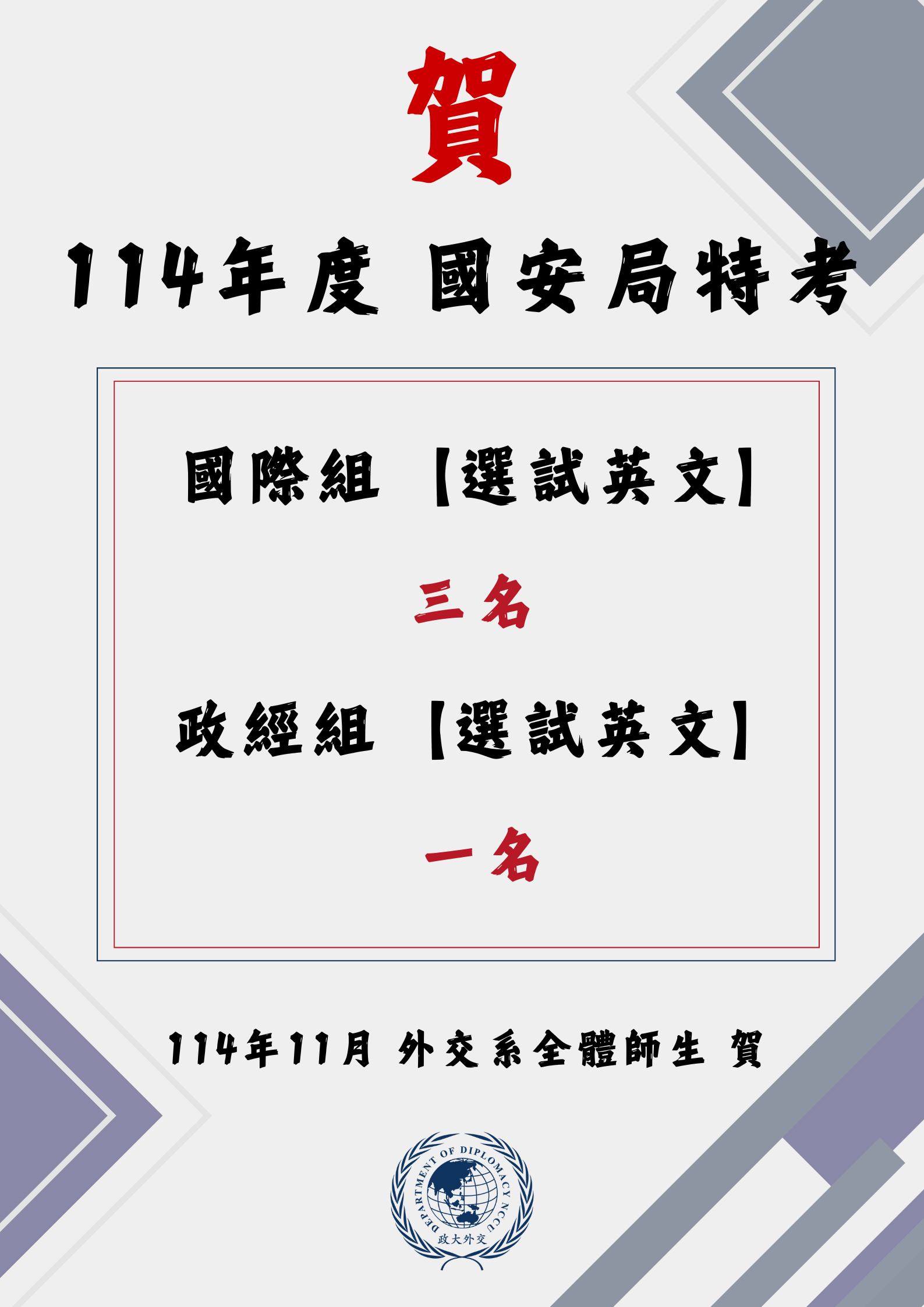 賀！本系學生通過本(114)年度國安局特考