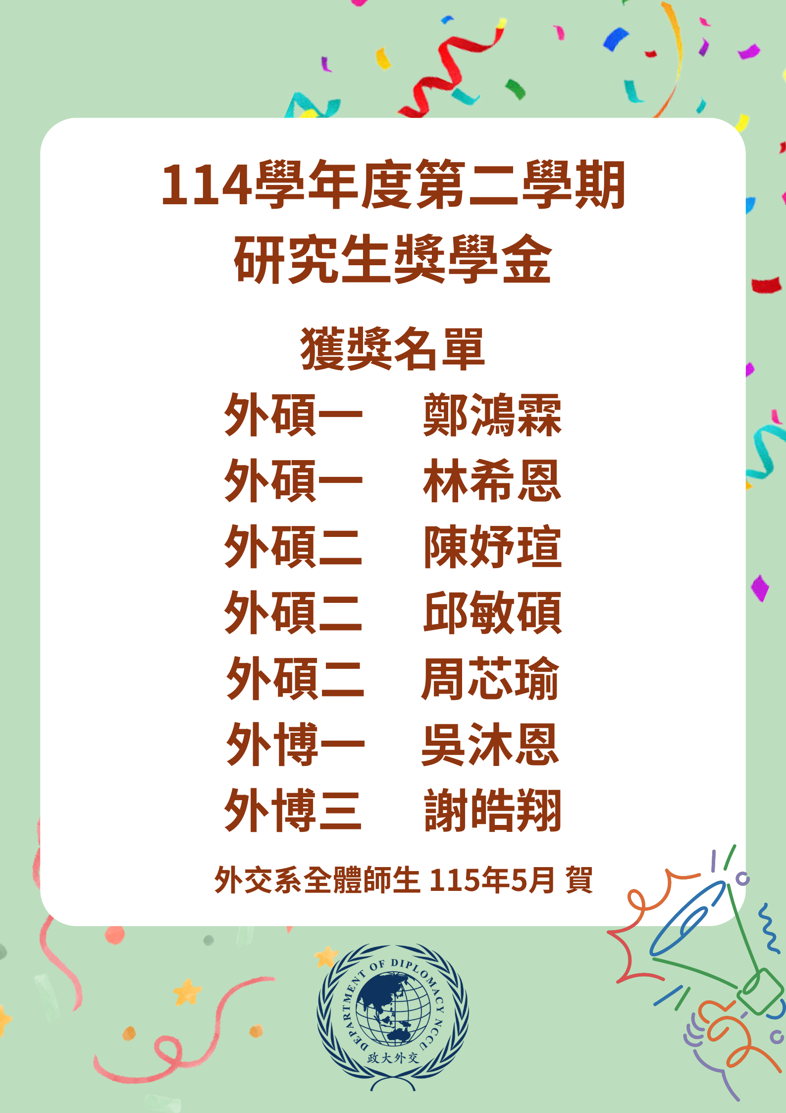114學年度第二學期研究生獎學金獲獎名單